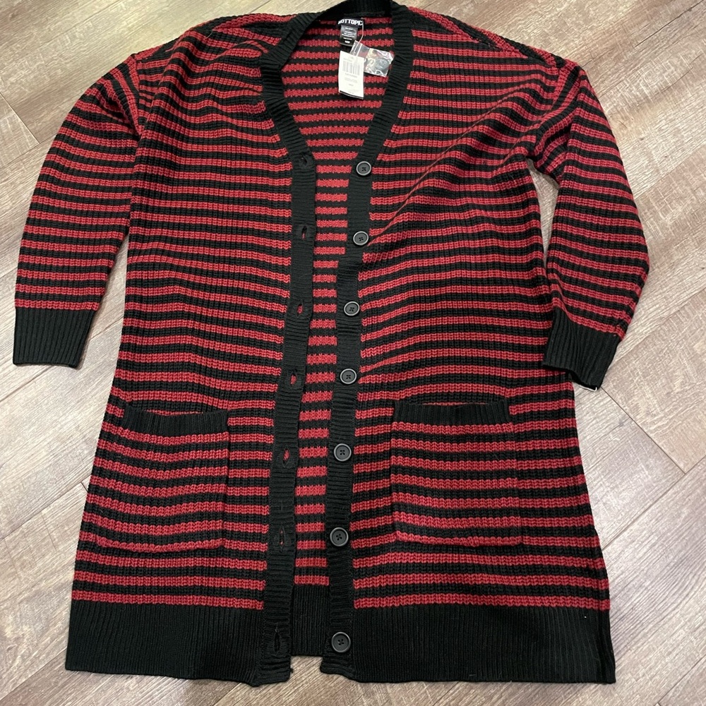 Hot Topic Black and Red Striped Women's Cardigan